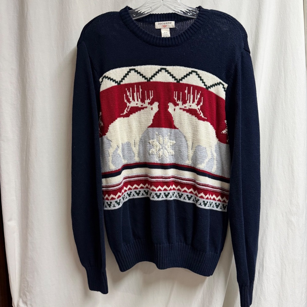 Dockers Mens Navy Blue Moose Reindeer Fair Isle Holiday Cotton Sweater Medium